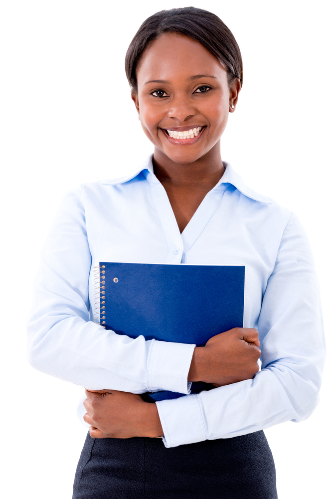 Business woman smiling - isolated over a white background